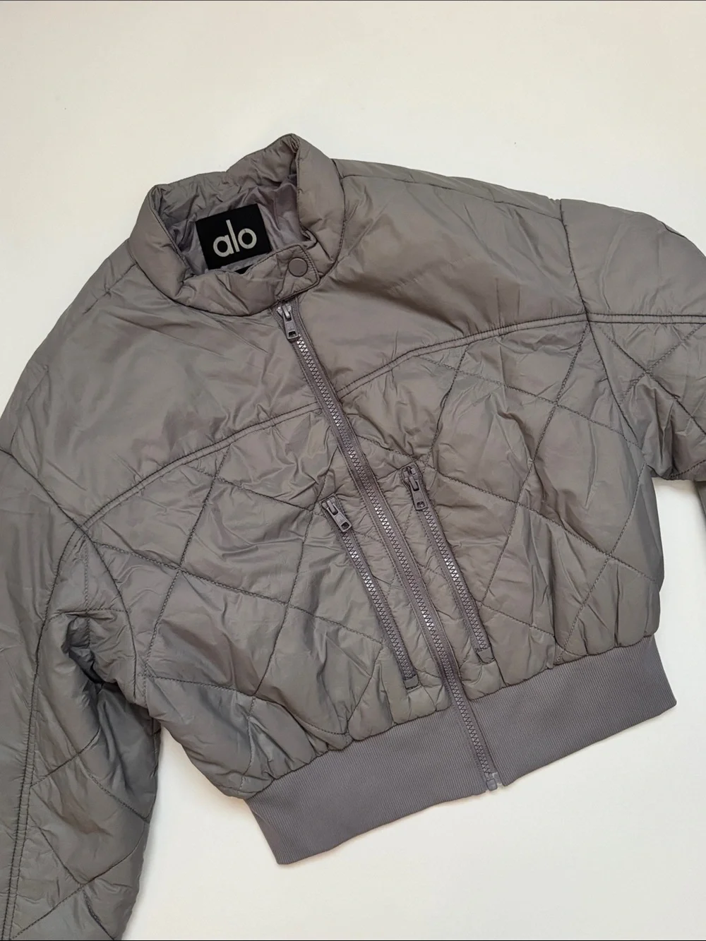 ALO Yoga Quilted Cropped Bomber Jacket in Grey - Picture 5 of 7
